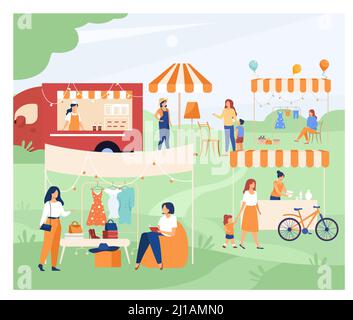 Glückliche Menschen auf der Straße Saison Flohmarkt flache Vektor-Illustration. Cartoon Menschenmenge zu Fuß im Park während der Sommermesse. Verkauf Community und Marktplatz c Stock Vektor