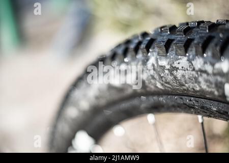 Schwarzer Gummireifen mit großen Knöpfen von einem Mountainbike aus nächster Nähe Stockfoto