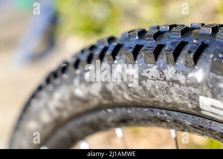 Schwarzer Gummireifen mit großen Knöpfen von einem Mountainbike aus nächster Nähe Stockfoto