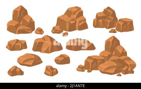 Haufen Steine gesetzt. Haufen von massiven braunen Felsbrocken und Kopfsteinpflaster isoliert auf blauem Hintergrund. Flache Vektorgrafik für Berge, Granit, ro Stock Vektor