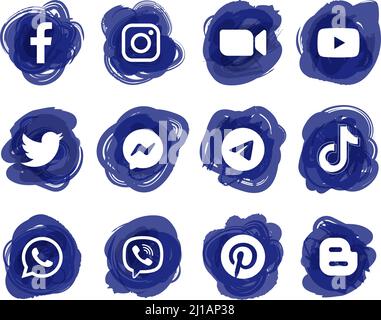 Kiew, Ukraine - 03. Juli 2021: Populäre Social Media blaue Tintentropfen Symbole, gedruckt auf Papier: Facebook, Twitter, Instagram, TikTok, Youtube, Und andere. Stock Vektor