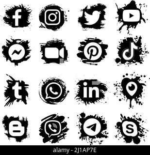 Kiew, Ukraine - 03. Juli 2021: Set von beliebten Social Media und Mobile Apps-Icons in schwarzen Lackdesign-Spots: Facebook, Twitter, Instagram, LinkedIn, Stock Vektor