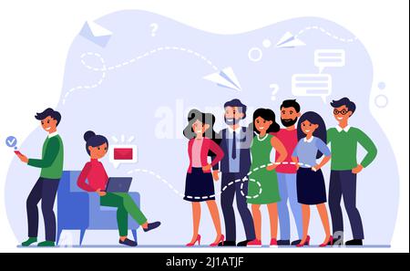 Manager sendet E-Mails an zufriedene Kunden. Gruppe von Personen, Person mit Laptop, neue Nachricht flache Vektor-Illustration. Kommunikationskonzept für Banner Stock Vektor