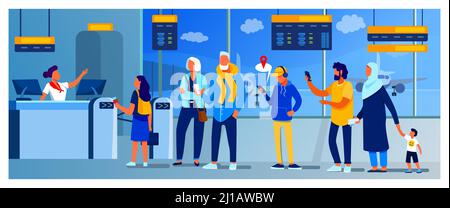 Gruppe von Passagieren, die in der Schlange stehen, um Vektordarstellung zu finden. Abflughalle und Flugverkehr Konzept. Reisende warten in der Schlange f Stock Vektor
