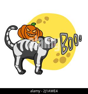 Schwarze Katze mit Skelettfarbe und Vollmond Cartoon Vektor Illustration Stock Vektor