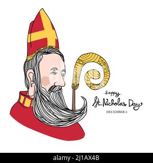 Happy Saint Nicholmann Tag Linie Kunst Vektor Illustration Stock Vektor