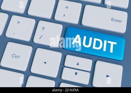 Abstract 3D gerenderter Business Audit Concept-Hintergrund mit Tastaturtaste. Hintergrund der Schaltfläche „Audit“, Hintergrund der Geschäfts- und Finanzabteilung Stockfoto