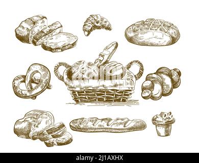 Handgezeichnete Produktskizzen. Frisches Brot, Lafs im Korb, Brötchen, Brezel, Cupcake. Vektor-Illustration Set für Bäckerei, hausgemachte leckere Speisen, Vergangenheit Stock Vektor