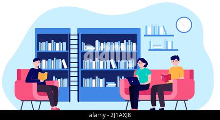 Personen in der Bibliothek flache Vektor-Illustration. Cartoon-Mann und Frau Bücher lesen und sitzen auf Sessel oder Sofa. Studium, Wissen und Lernkonzept Stock Vektor