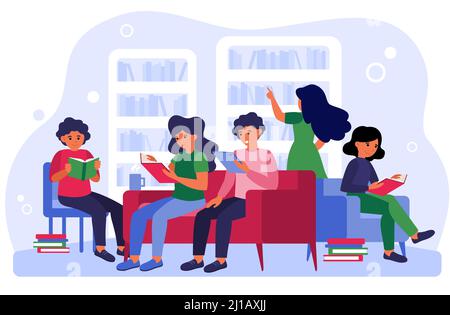 Menschen studieren und lernen in Raum flache Vektor-Illustration. Männer und Frauen sitzen auf dem Sofa an Bücherregalen und Bücherregalen und lesen Bücher drinnen. Li Stock Vektor