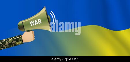 Soldaten halten ein Bullhorn mit EINEM KRIEGSSCHILD auf dem Hintergrund der Ukraine-Flagge. Ukraine militärische Vektor Banner-Design. Stock Vektor