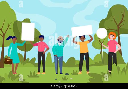 Menschen stehen mit Plakaten im Park. Protest, Banner, Meinung flache Vektor-Illustration. Demokratie und soziale Position Konzept für Banner, Website de Stock Vektor