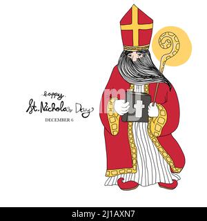 Happy Saint Nicholmann Tag Linie Kunst Vektor Illustration Stock Vektor