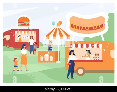 Leute, die den Street Food Fair besuchen. Eltern und Kinder kaufen Fast Food in LKWs im Freien. Kann für Sommer Food Festival, Park Event-Konzept verwendet werden Stock Vektor