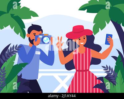 Foto Aufnahme von jungen Frau im Hut. Lady steht auf dem Balkon und nimmt Selfie flache Vektor-Illustration. Fotografie und Urlaubskonzept f Stock Vektor