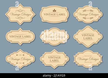 Retro Craft Labels Set. Textbeispiele in traditionellen Rahmen, Vintage-Tags mit Bordüren im viktorianischen Stil. Kann für Hochzeit Einladung Karte desi verwendet werden Stock Vektor