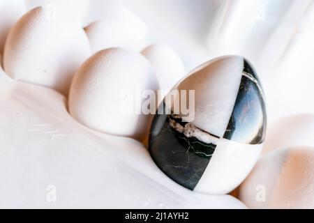 Eier in verschiedenen Farben in Pappkartons. Marmorsteinei auf einem Hintergrund aus weißen Hühnereiern Stockfoto