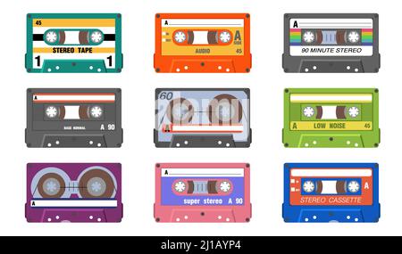 Retro Musikkassetten Set. Vintage Audio-Kassetten für Stereo-Sound-Ausrüstung. Vektor-Illustration für alte Plattentechnologie, Taped-Storage-Device-Konzept Stock Vektor