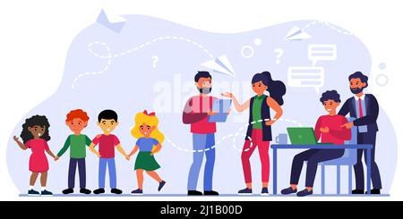 Lehrer-Eltern-Treffen. Gruppe von Kindern, Menschen reden und mit PC am Arbeitsplatz flache Vektor-Illustration. Kommunikation, Lehre, Elternschaft Konzept Stock Vektor