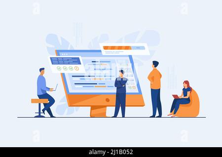 Softwareentwickler, die auf dem Computer mit Skript codieren. Codierung, Engineering, Interface-Design flache Vektor-Illustration. Programmierkonzept für Banner, wir Stock Vektor