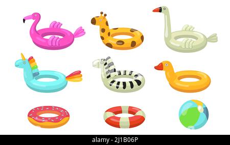 Schwimmringe flaches Icon Set. Cartoon Gummi schwimmende Lebensretter in Form von Donuts, Flamingo, Ente oder Tier isoliert Vektor-Illustration Sammlung. S Stock Vektor