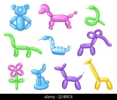 Verschiedene Luftballon Tiere flach Icon Set. Cartoon niedlichen Hund, Blume oder Spielzeug mit Helium für Kinder isoliert Vektor Illustration Sammlung. Party und Stock Vektor