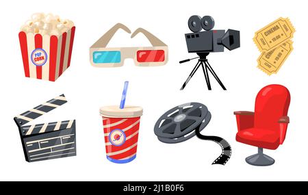 Verschiedene Kino-, Theater- und Filmelemente flaches Icon-Set. Cartoon retro Filmkamera, Popcorn, 3d-Brille und Klapperboard isoliert Vektor Illustration Stock Vektor