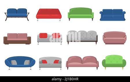 Verschiedene moderne Sofas und Sofas flat Icon Set. Vorderansicht von komfortablen Luxus-Divans für Lounge, Büro, Wohnung oder Zimmer Vektor Illustration coll Stock Vektor