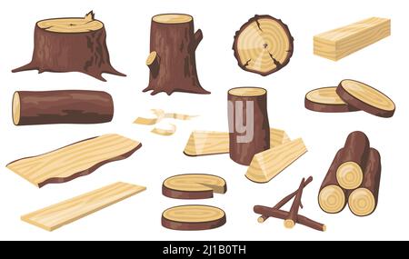 Verschiedene Holzstämme und Stämme flach Icon Set. Cartoon Holzmaterialien, Holz, Bretter und Holz isoliert Vektor Illustration Sammlung. Wald und Co Stock Vektor