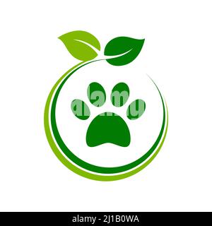 Bio-Tierhandlung Symbol. Pfote mit grünen Blättern im Kreis. Symbol für natürliche Tierbehandlung. Symbol für gesunde Tierhandlung. Umweltfreundliche Tierarztpflege. Vektor Stock Vektor