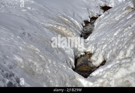 Die reichlich vorhandenen Schneefälle haben den Bach fast vollständig bedeckt, dessen Wasser nun kaum noch den Weg ins Tal finden Stockfoto