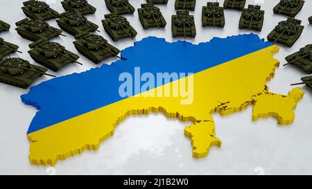 Russische Militärpanzer rund um die Ukraine. Ukrainische Flagge auf der Karte. Konzept von Krieg, russland-Invasion, militärischen Konflikt, Bombenbeschuss, zivilen Tod Stockfoto