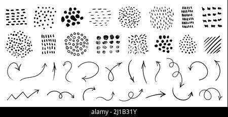 Handgezeichnete abstrakte Vektortexturen und Pfeile. Minimalistisches gepunktetes und gestreiftes Grafikmuster für kreatives Design Stock Vektor