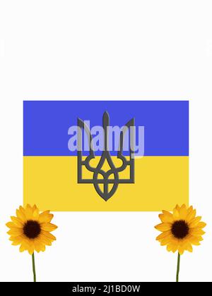 Ukrainisches Wappen und Nationalflagge mit Sonnenblumen verziert, 3D Rendering Stockfoto