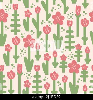 Handgezeichnetes florales nahtloses Muster im niedlichen naiven Stil mit zarten Farben. Stock Vektor