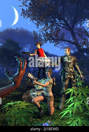 Eine Gruppe von Jägern auf der Jagd nach außerirdischen Monstern auf einem unbekannten Planeten, 3D Illustration Stockfoto