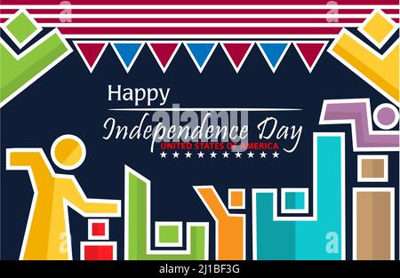Happy Independence Day Vereinigte Staaten von Amerika Partei mit bunten Menschen. Happy Independence Day Design der Vereinigten Staaten von Amerika. Stock Vektor