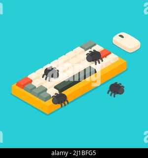 Debugging auf Wireless-Geräten umfasst eine isometrische 3D-Vektorgrafik mit Maus und Tastatur Stockfoto