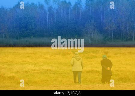 Kriegsrefugium. Unschärfe-Effekte von zwei Frauen bei einem Spaziergang in der herbstlichen Natur. Herbsthintergrund. Wunderschöne Parklandschaft. Zwei Frauen, die die Straße entlang gehen Stockfoto