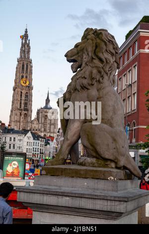 Eine wunderschöne Aufnahme einer Löwenstatue, eines Kirchturms und der flämischen historischen Gebäude von Gent, Belgien Stockfoto