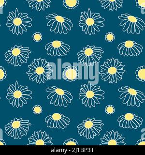 Nahtloses Blumenmuster. Drucken Sie mit Frühlingsblumen. Klassische Gänseblümchen weiß und blassgelb. Blauer Hintergrund. Vektorgrafik, flaches Design Stock Vektor