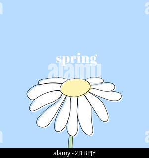 Schwarze umrandete Gänseblümchen-Blume mit blauem Hintergrund. Federtext. Vektorgrafik, flaches Design Stock Vektor
