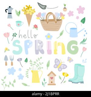 Hallo Frühling. Frühjahrssammlung mit Blumen, Pflanzen und Gartengeräten. Von Hand gezeichnet. Für Scrapbooking, Grußkarte, Einladung, Poster. Vektor Stock Vektor