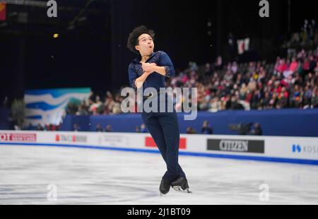 Sud de France Arena, Montpellier, Frankreich. 24. März 2022. Yuma Kagiyama aus Japan während des Mens Short Program, der World Figure Skating Championship in der Sud de France Arena, Montpellier, Frankreich. Kim Price/CSM/Alamy Live News Stockfoto