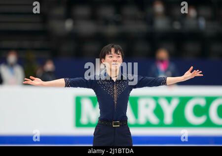 Sud de France Arena, Montpellier, Frankreich. 24. März 2022. Yuma Kagiyama aus Japan während des Mens Short Program, der World Figure Skating Championship in der Sud de France Arena, Montpellier, Frankreich. Kim Price/CSM/Alamy Live News Stockfoto