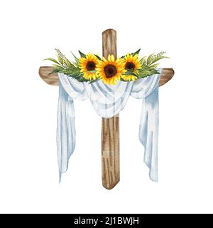 Sonnenblumen-Blumenkreuz. Osterdarstellung. Wasserfarbenes Hochzeitskreuz. Taufe Stockfoto