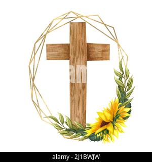 Sonnenblumen-Blumenkreuz. Osterdarstellung. Wasserfarbenes Hochzeitskreuz. Taufe Stockfoto
