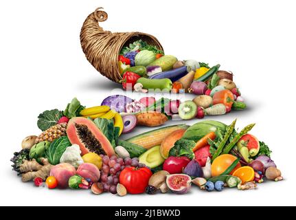 Cornucopia Horn Objekt voll von frischem Obst und Gemüse auf weißem Hintergrund als rustikale traditionelle Weide oder gewobenen Korb. Stockfoto