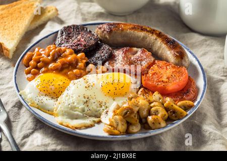 Hausgemachtes englisches Frühstück mit Eiern, Wurst, Schinken und Bohnen Stockfoto