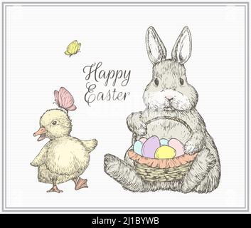 Handgezeichnete niedliche Ostern Grußkarte Bunny Entlein und Schmetterling Vektor-Illustration. Kleiner Hase hält Korb voller Eier abstrakte Skizze Stock Vektor